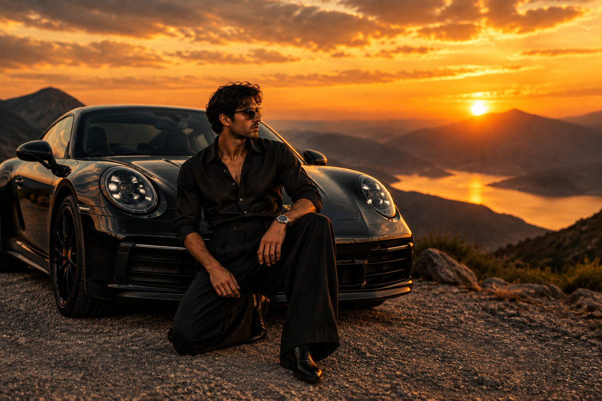 Man kneeling in front of black Porsche at mountain sunset