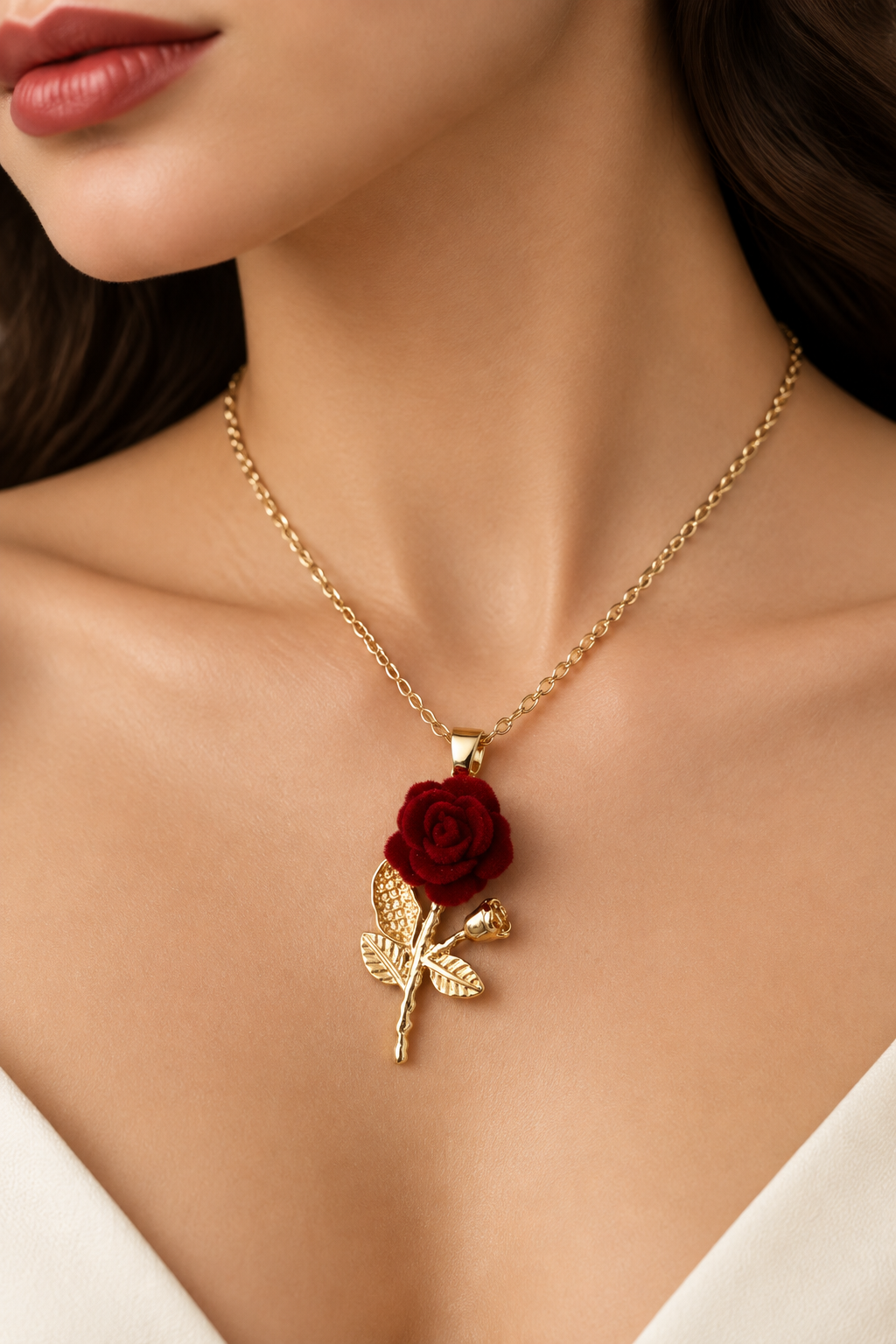 Woman wearing rose gold necklace close up